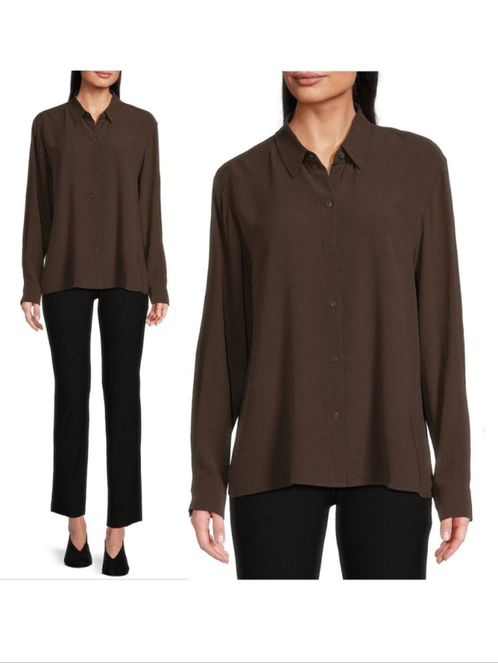 EILEEN FISHER Silk Georgette Crepe SHIRT XXS Classic Collar Wren Brown NEW $278